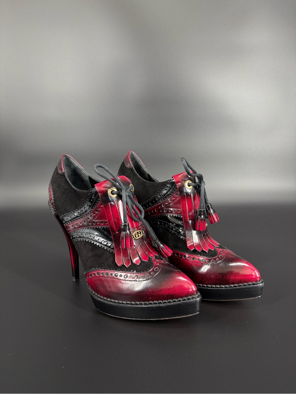 Gucci Red and Black Leather Brogue Tassel High Heel Booties